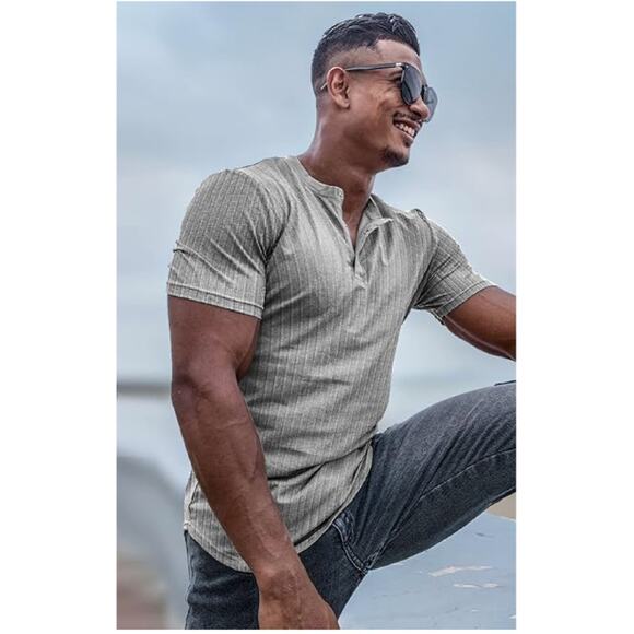 Muscle Cmdr Men's Ribbed Henley Shirt Short Sleeve Slim Fit Muscle Shirt - Picture 2 of 4